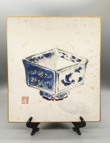 日本青花茶碗，纸板画，描绘传统瓷器纹样，可做茶室挂画，品相完好无破损。背面有详细资料，书法篆刻精美。