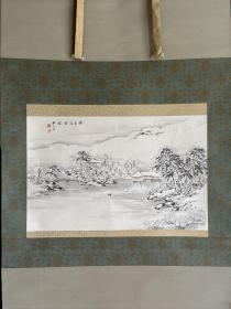 日本近代南画家，山本梅逸弟子毛利梅友冬景山水图，横幅，纸本绫裱无轴头，画心57.8*36.5，带画家自题木盒