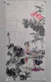保真书画，黄福河四尺整纸国画一幅《天心白月水中莲》135*68软片，