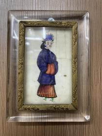 欧洲老玻璃相框 内置通草画贵妇像