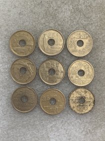 西班牙90年代25比塞塔 铜币中孔19.5mm 9枚套 有一枚差品