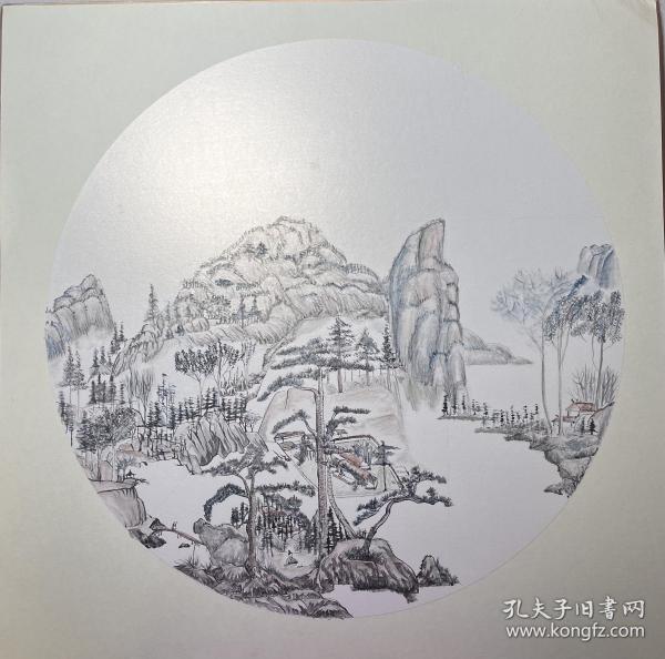 悠然山居图，水墨画，斗方卡纸