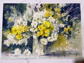 保真保手绘。水彩一张，品相如图。画心尺寸（52*37）cm，货号：L448