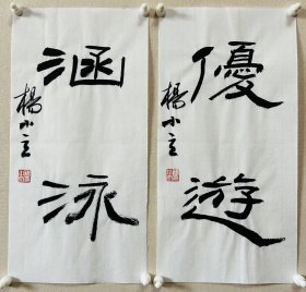 杨小立 ，中国书法家协会会员，河南省南阳市书协副秘书长，宛城区书法家协会副主席兼秘书长。男，1972年出生。 入展获奖： “青川木牍杯”首届全国隶书书法大赛中入展(四川省书协)； 2022“中国书法·年展”全国篆书、隶书、篆刻作品展前41名，获得面试考核(中书协)…… 《优游、涵泳》，小品两幅。保真，来自作者，17x34cm x 2，未装裱，d6972。