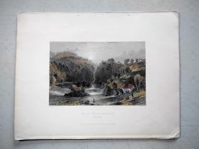 《基尔莫拉克瀑布，Falls of Kilmorace.》1836年刻印的托马斯.阿罗姆（T.Allom)原作铜版画，手工上色。最底一行标注年份，1836年。非现代印刷品！
画纸尺寸：28.5×22.3cm