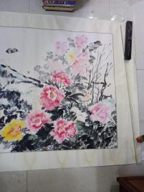 大幅手绘画（花开富贵）朱云何画，画心166 x 83