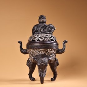 珍品旧藏收纯铜高浮雕錾刻鎏银万象熏香炉 工艺精湛 器型款美