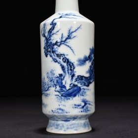 民国竹溪道人王步青花人物纹棒槌瓶22*6厘米