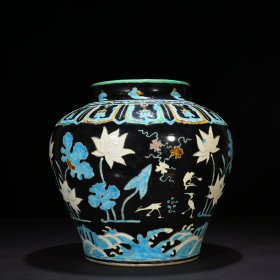 明永乐黑地珐华彩鹭莲纹罐 30*30厘米