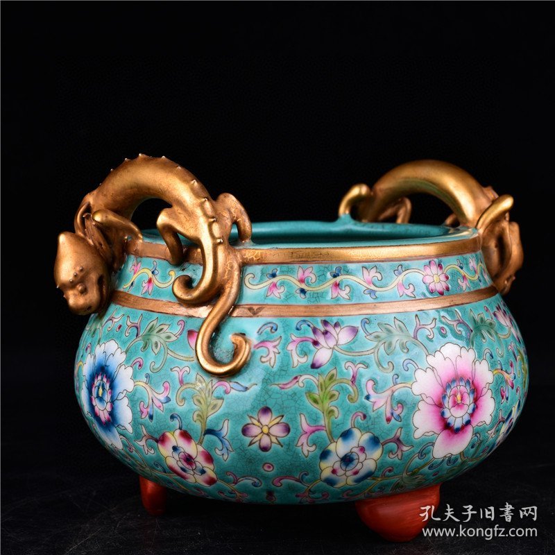 清雍正本金珐琅彩缠枝花卉纹三足双龙耳香炉古董古玩古瓷器规格