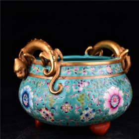 清雍正本金珐琅彩缠枝花卉纹三足双龙耳香炉古董古玩古瓷器规格