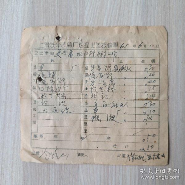 老票证老票据 上海耀华玻璃厂短程出差报销单 1965年6月11日 含2张餐饮发票和15张公交车票
