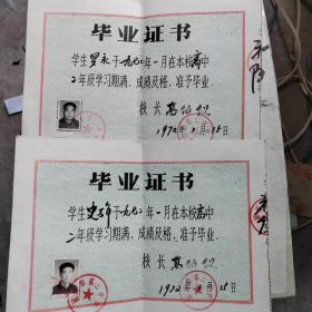 1972年涿州市第二中学毕业证书两张