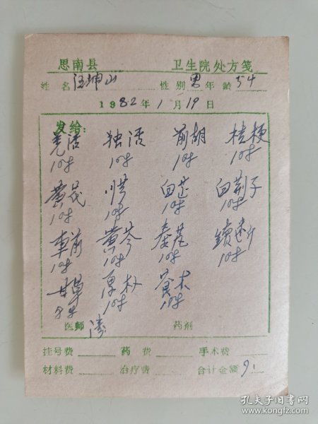 思南县卫生院处方（羌活，独活，前胡，桔梗，黄芪，川芎，白芷，白荆子，车前，黄苓，秦艽，续断，甘草，厚朴，苍术）