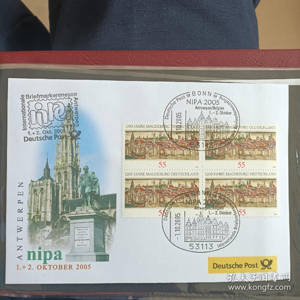 F1746外国信封 05年比利时安特卫普国际邮展 贴2005年德国欧元邮票 马格德堡建城1200周年 1全 四方联