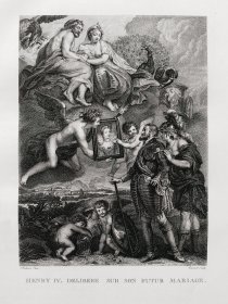 【鲁本斯】1846年铜版画№7《亨利四世收到玛丽肖像以及被爱神解除武装》(HENRY lV DELIBRRE SUR SON FUTUR MARIAGE)--出自保罗·鲁本斯（Paul Rubens)“玛丽・德・美第奇”系列作品集-雕刻家(Philippe Benoist1813–1905)-特厚画纸51.5*33.8cm(画面21.5*16.5)，8品