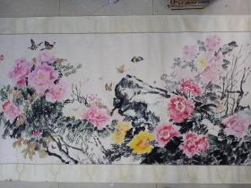 大幅手绘画（花开富贵）朱云何画，画心166 x 83