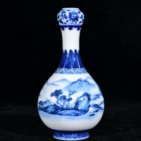 大清雍正年制青花山水纹元明堂款蒜头瓶 高16.3径8厘米2