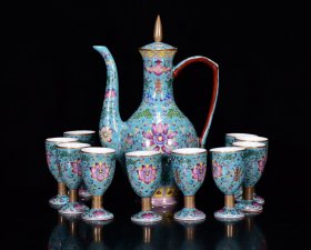 大清雍正年制珐琅彩缠枝莲纹酒具1套 壶23*15cm 杯7.5*4cm