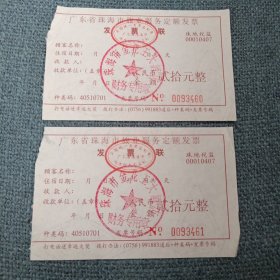 广东省珠海市旅业服务定额发票•发票联2张：贰拾元（发票连号号码0093460-0093461）