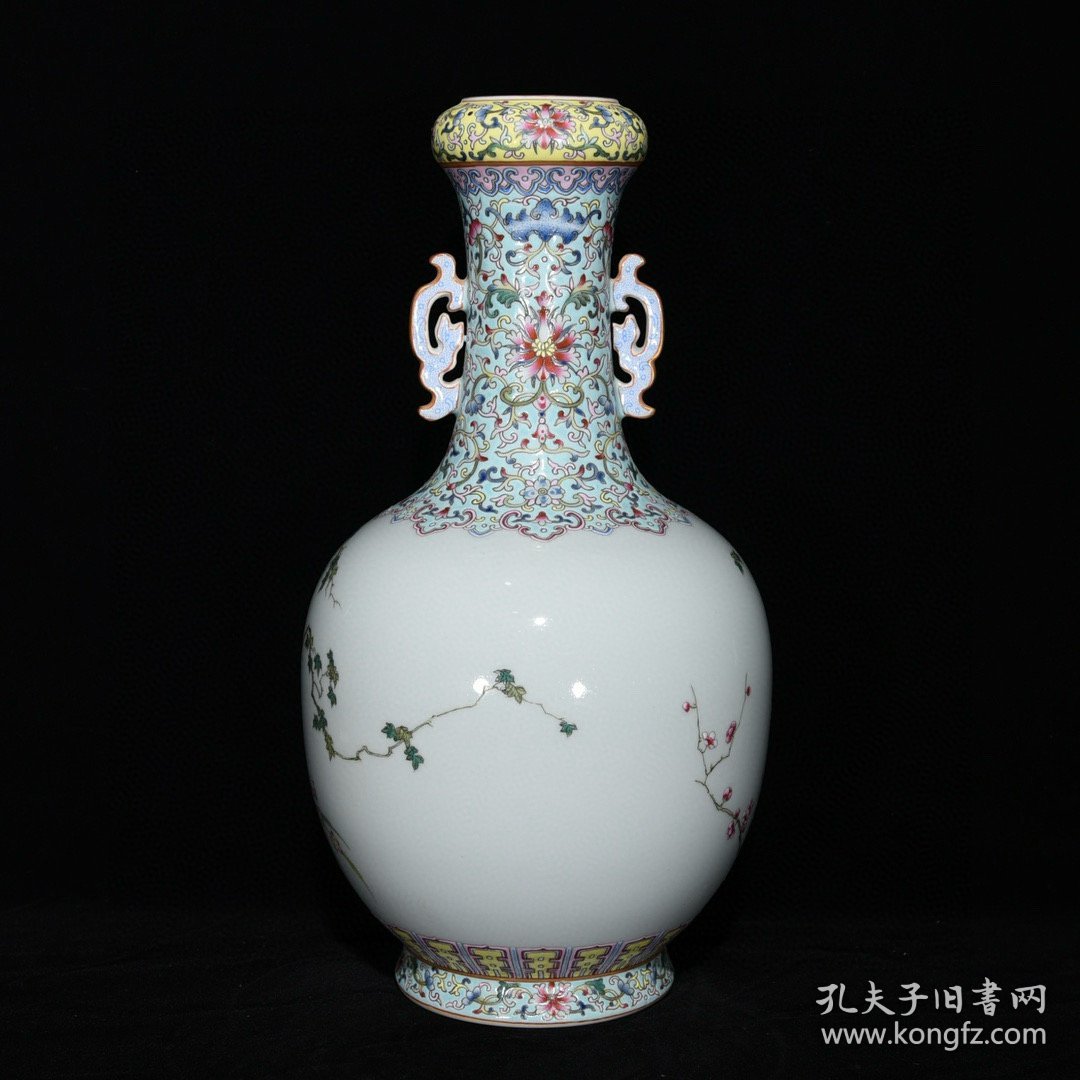 清乾隆粉彩安居乐业纹双耳蒜头瓶尺寸33*19厘米