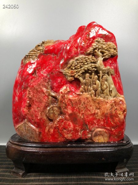 宫藏珍品 鸡血石大红袍 雕刻【松下聚賢】摆件