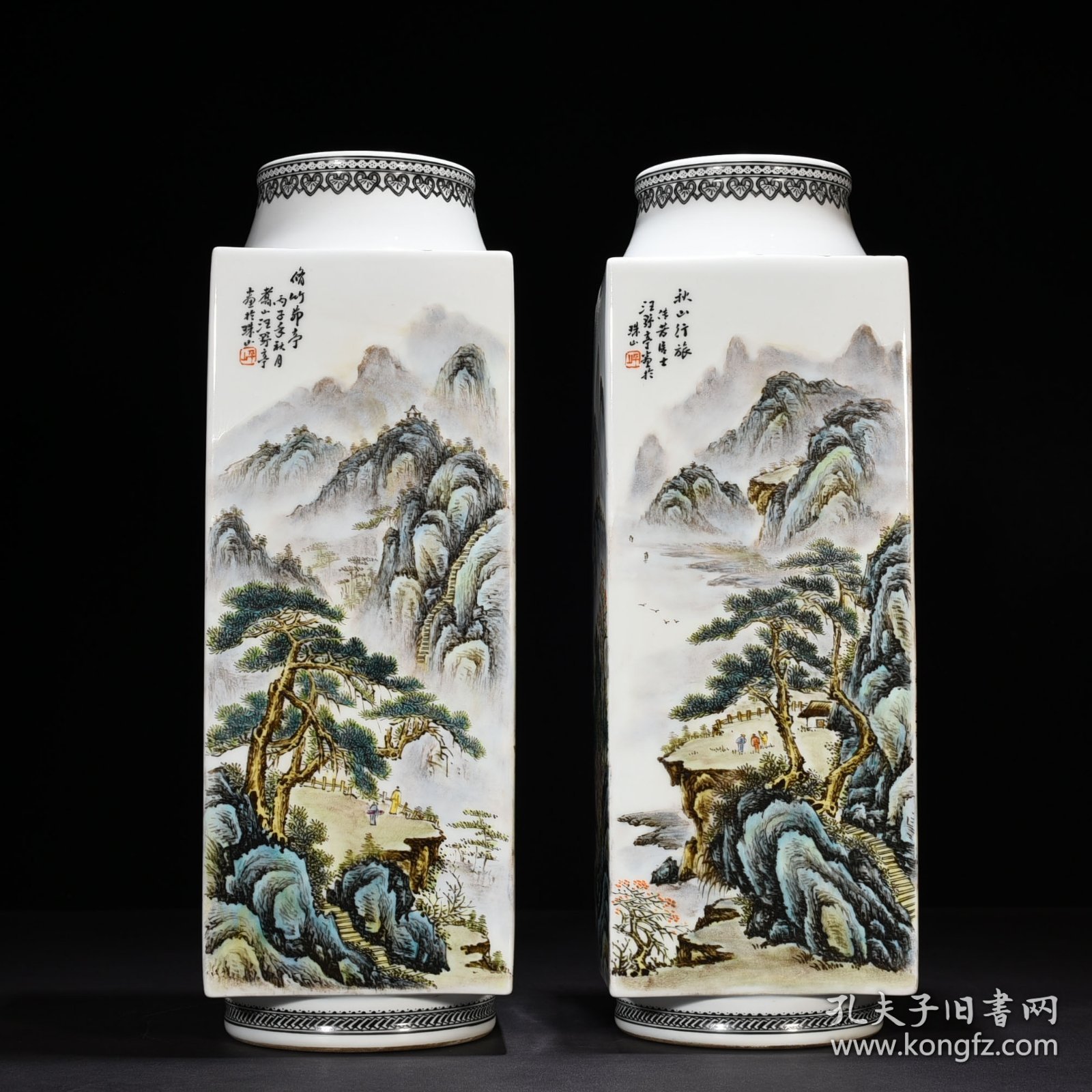 旧藏 民国珠山八友汪野亭粉彩山水人物纹琮式瓶 47*16厘米