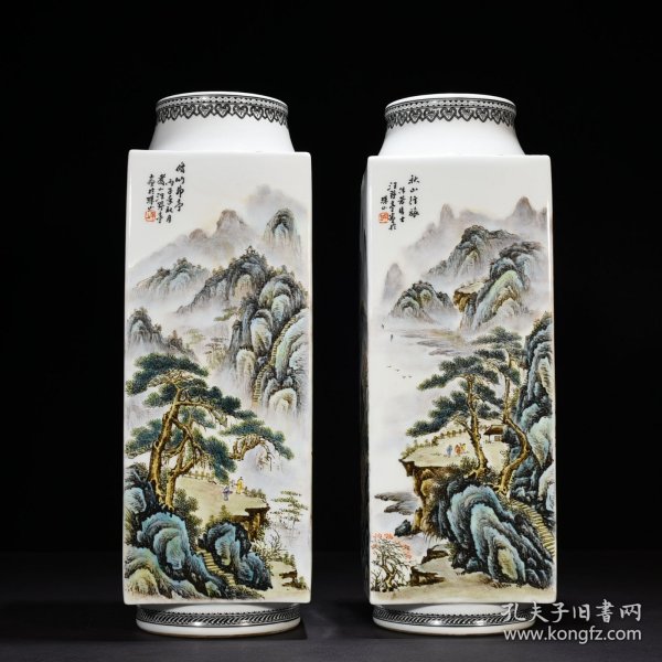 旧藏 民国珠山八友汪野亭粉彩山水人物纹琮式瓶 47*16厘米