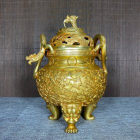 珍藏纯铜鎏金五福捧寿云纹螭龙香炉，高24厘米，长18厘米，重1717克，