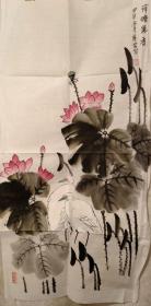 （永远保真）女画家，山东省，杨秀芝，荷花水鸟，4尺2尺