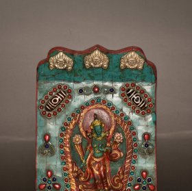 尼泊尔木镶嵌白铜红松绿松天珠宝石唐卡站观音佛板摆件 尺寸:长15厘米 宽6厘米 高22.5厘米 重704克左右