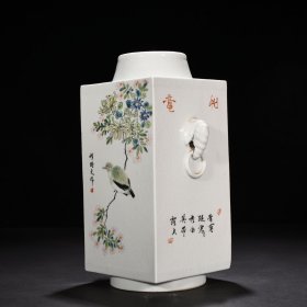 旧藏 清光绪浅绛彩花鸟纹琮式瓶 30*16厘米