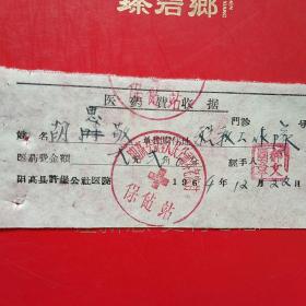 1964年12月22日，阳高县许堡人民公社养老窊村，医药费收据。（生日票据，大同票据，医院医药医疗发票）（12-1）