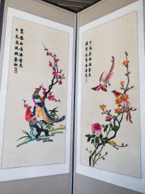 老刺绣花鸟，双面大型六扇屏风一套，背面经典诗句，红木框竹节型，节节高升，鸟语花香，纯手工制作，精美绝伦，保存完整无暇，全品，包老保真