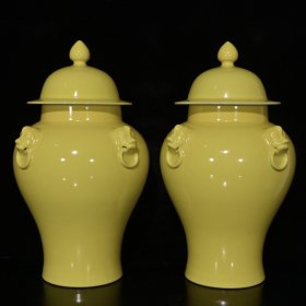 大清雍正柠檬黄兽头将军罐 古玩古董古瓷器老货收藏