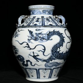 元青花龙纹鱼耳罐，高38.5cm直径32cm，