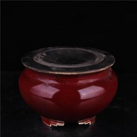 清晚期祭红釉三足腰鼓砚台古董古玩古瓷器文玩艺术收藏品