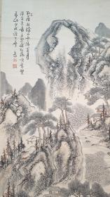 F 081号  自藏品！带原木盒的木轴大幅  絖本著名画僧 （平野五岳）手绘精品山水