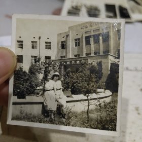 两美女护士医院便装合影/人民公社好（武汉市第二或三医院，自辩，建筑“1956”）