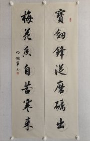 兰亭书法社社长，民进开明画院院长，胡铁军书法对联《宝剑锋从磨砺出，梅花香自苦寒来》136*34cm*2，软片。（保真书画）