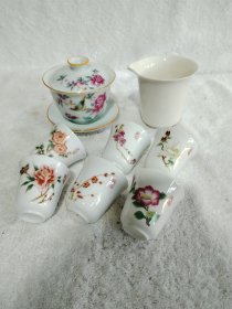 景德镇陶瓷粉彩花鸟功夫茶具盖碗茶杯套装，全品无磕碰裂几乎全新，通走包邮，喜欢的朋友来结缘。