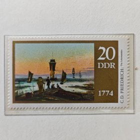 这是民主德国（DDR ）1974年发行的邮票，邮票图案是德国浪漫主义画家卡斯帕·大卫·弗里德里希（C.D. FRIEDRICH ，1774 - 1840 ）的绘画作品 。弗里德里希以描绘自然风景、传达内心情感和哲学思考著称，这些邮票展现了其独特的艺术风格，具有艺术欣赏和集邮收藏价值。