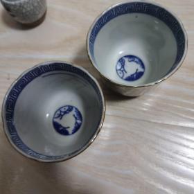 日本瓷器  老茶杯  一对  玉壁底  青花描金手绘