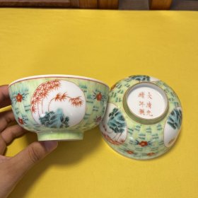 手绘开窗竹子节节高升碗