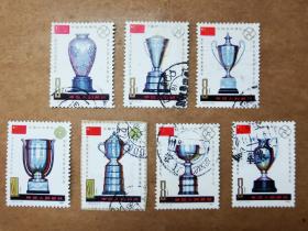 J71金杯邮票一套，六枚信销票一枚新票，九品，其中（7-2）为新票，（7-1）为剪票、（7-6）为喀什双语大戳。