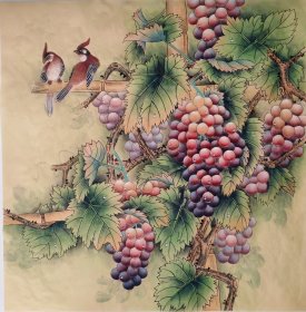 小鸟，葡萄，工笔画法，真人真迹纯手绘作品，假一赔万，终身保真，您放心入手，陕西省美协张妮老师原创大作，实际画的比照片拍出来要漂亮的多，葡萄的刻画入木三分，画的非常细，葡萄，水滴很有意境，写意画看整个构图，非常棒。尺寸70×70公分，四尺斗方的，家里客厅，沙发背景墙，卧室，书房，玄关，茶室，办公室，大厅，餐厅都可悬挂，朋友结婚，新房乔迁，家有喜事，过节送礼再好不过了，葡萄寓意多子多福，富贵满堂。