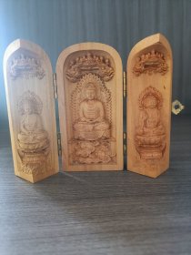 东阳黄杨木雕工艺品摆件雕刻坐莲西方三圣三开盒