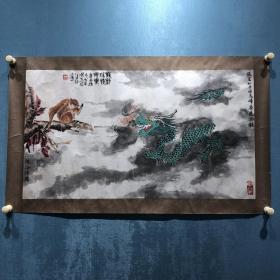 香港画家-九龙居士（江山）水墨指画1幅、龙戏珠猿映乐。画心尺寸79cmx45cm