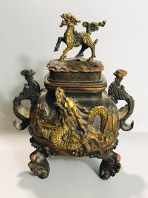 旧藏老铜鎏金龙凤麒麟香炉
尺寸：高:24宽：18.5cm
重量：1750克