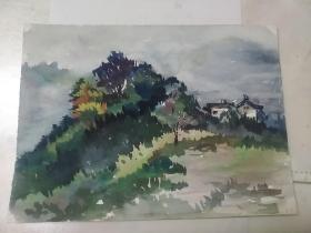 水彩画  山林禅院  七八十年代  十六开  佚名